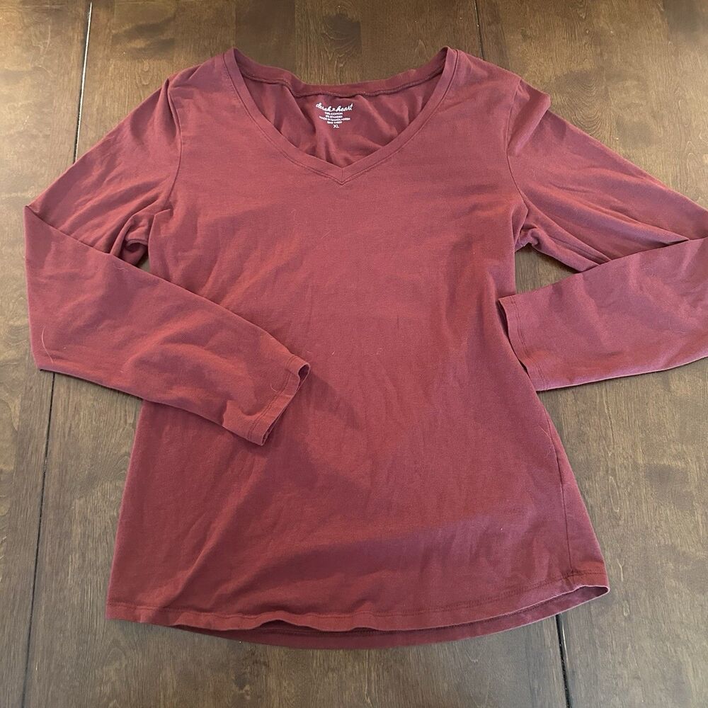 Derek Heart Womens XL V-Neck Long Sleeve Top Maroon Burgundy Basic Tee